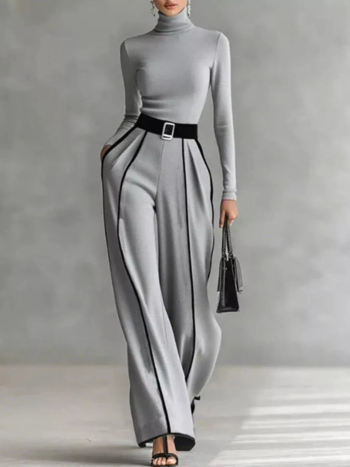 Turtleneck Long Sleeve Top and Contrast Pants Set