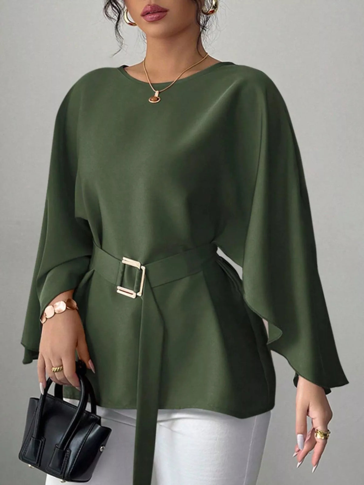 Round Neck Belt Batwing Sleeve Blouse