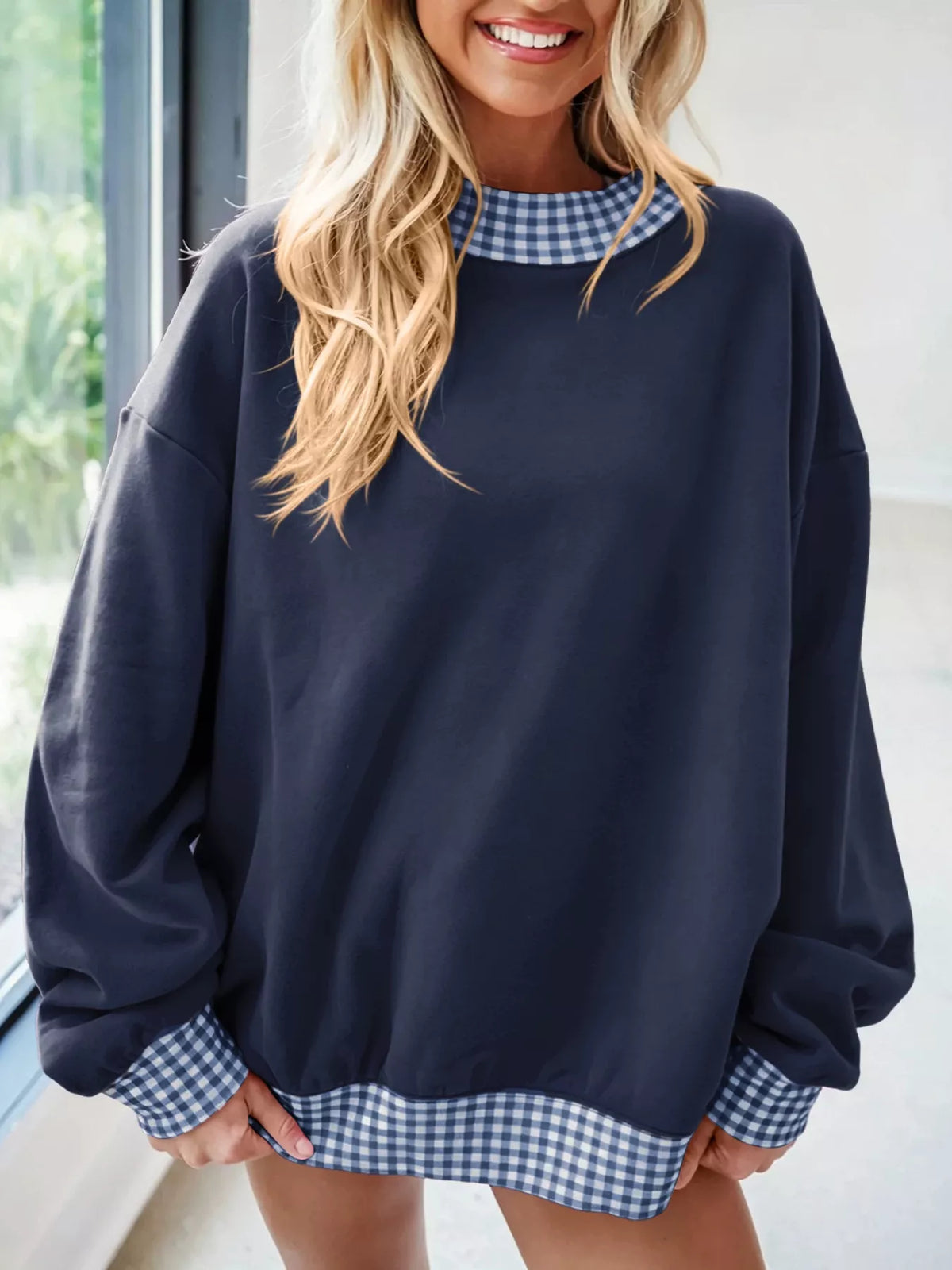 Gingham Trim Dropped Shoulder Sweatshirt
