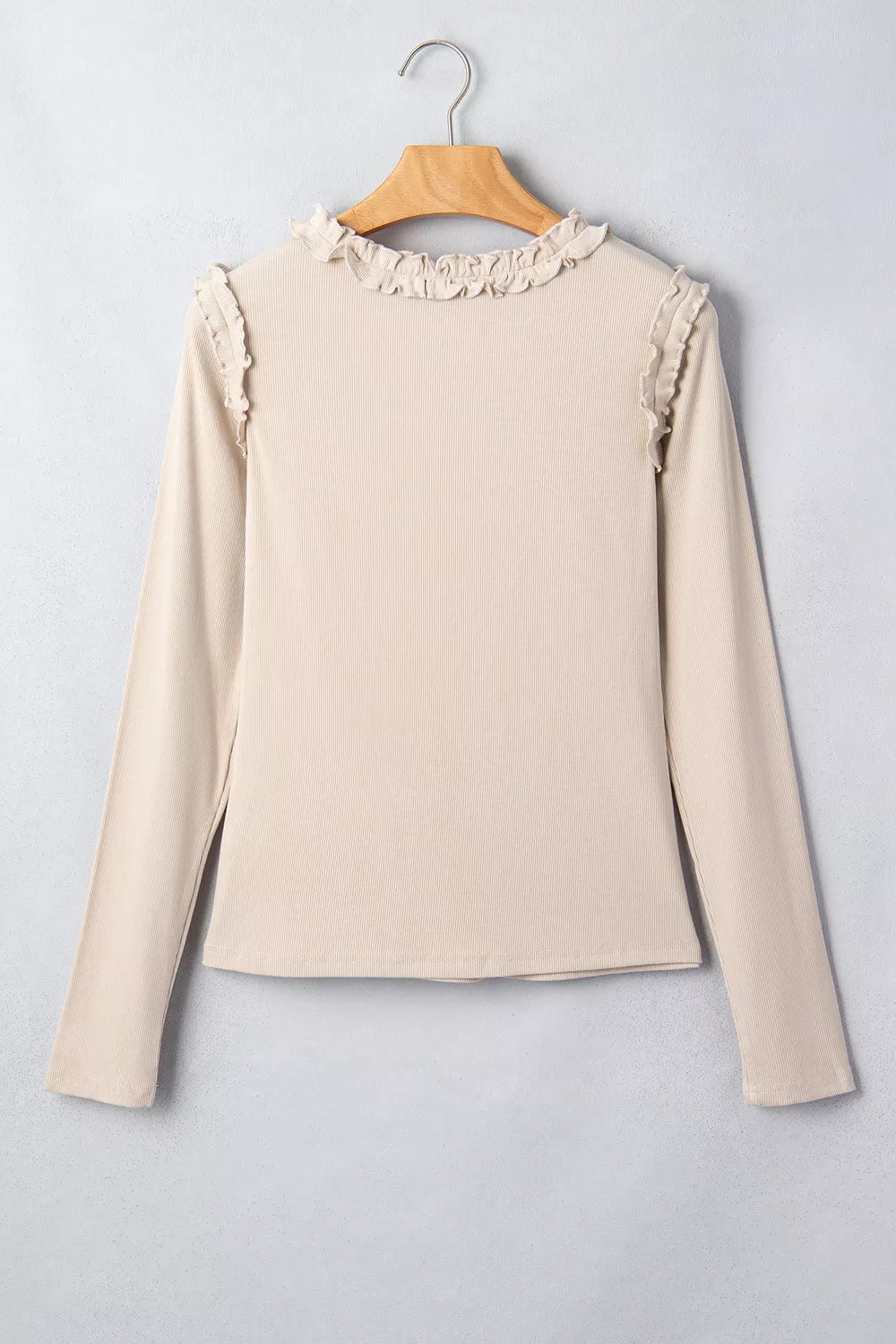 Solid Color Round Neck Frill Detail Long Sleeve Top