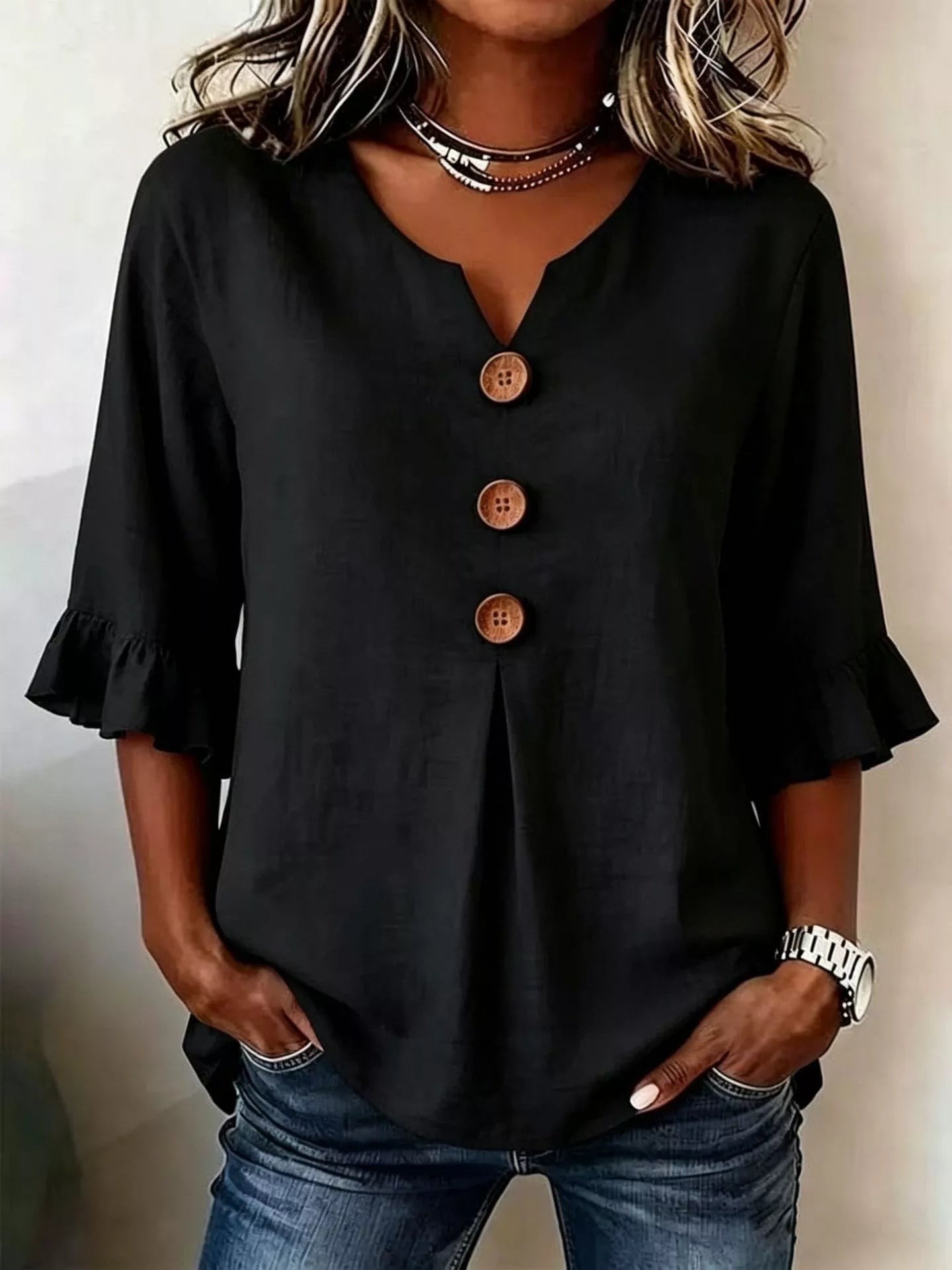 Full Size Casual Ruffle‑Sleeve Decor‑Button Top Plus Size