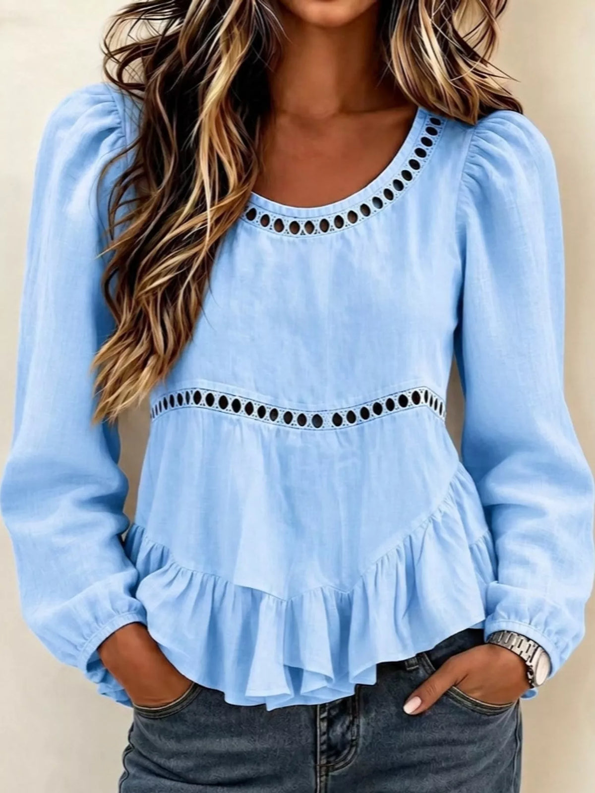 Long Sleeve Blouse with Eyelet Lace Trim and Ruffled Hem