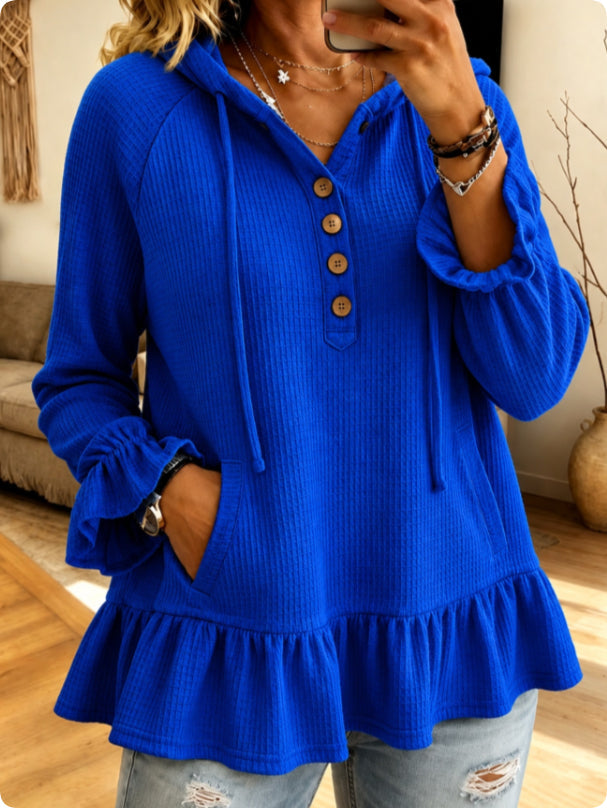 Women's Hooded Button-Neck Ruffle-Hem Mini Dress