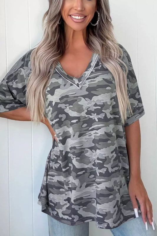 Camouflage Print Raw Edge V Neck Tee