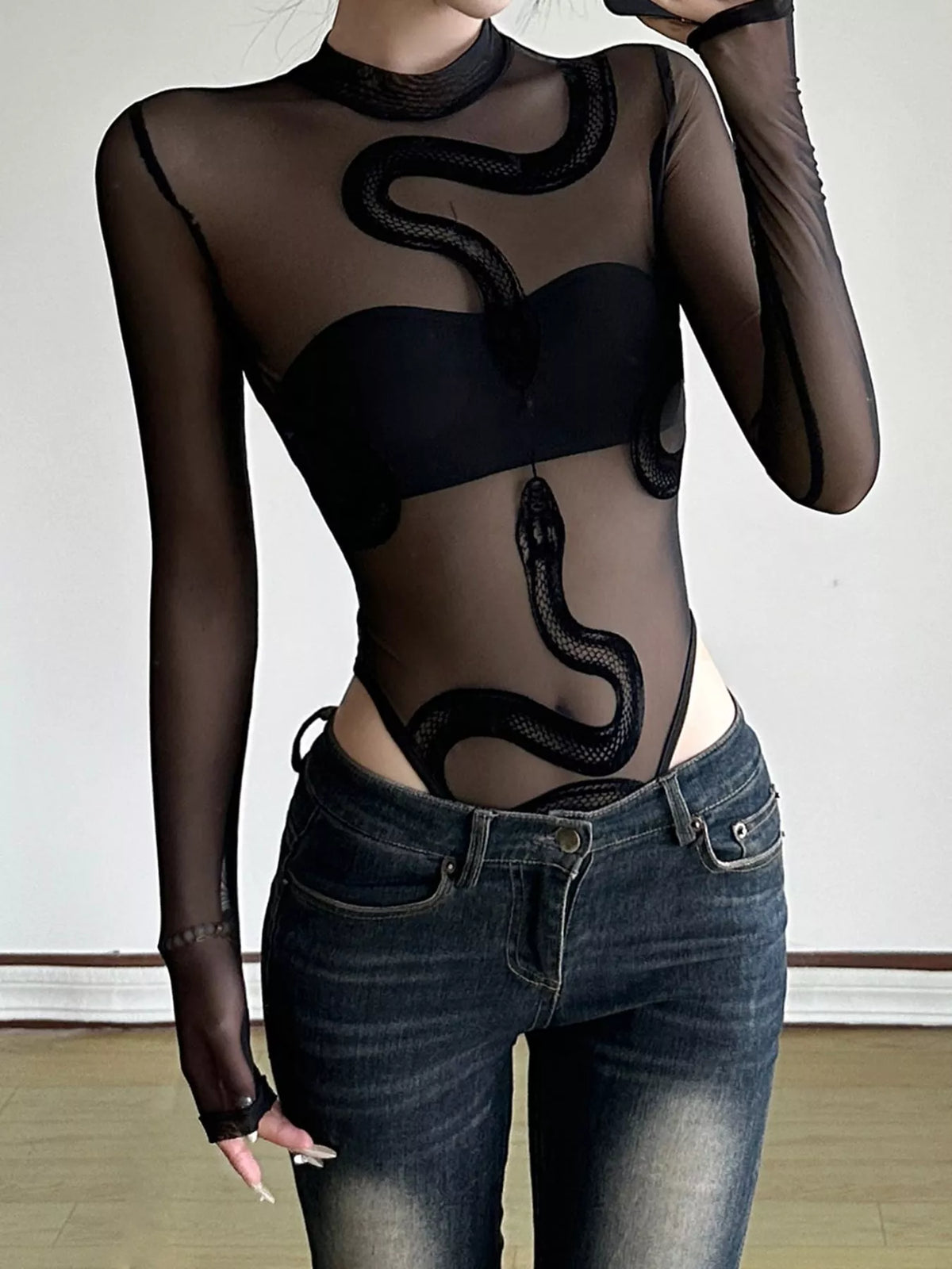 Sheer Mesh Snake Print Long Sleeve Bodysuit