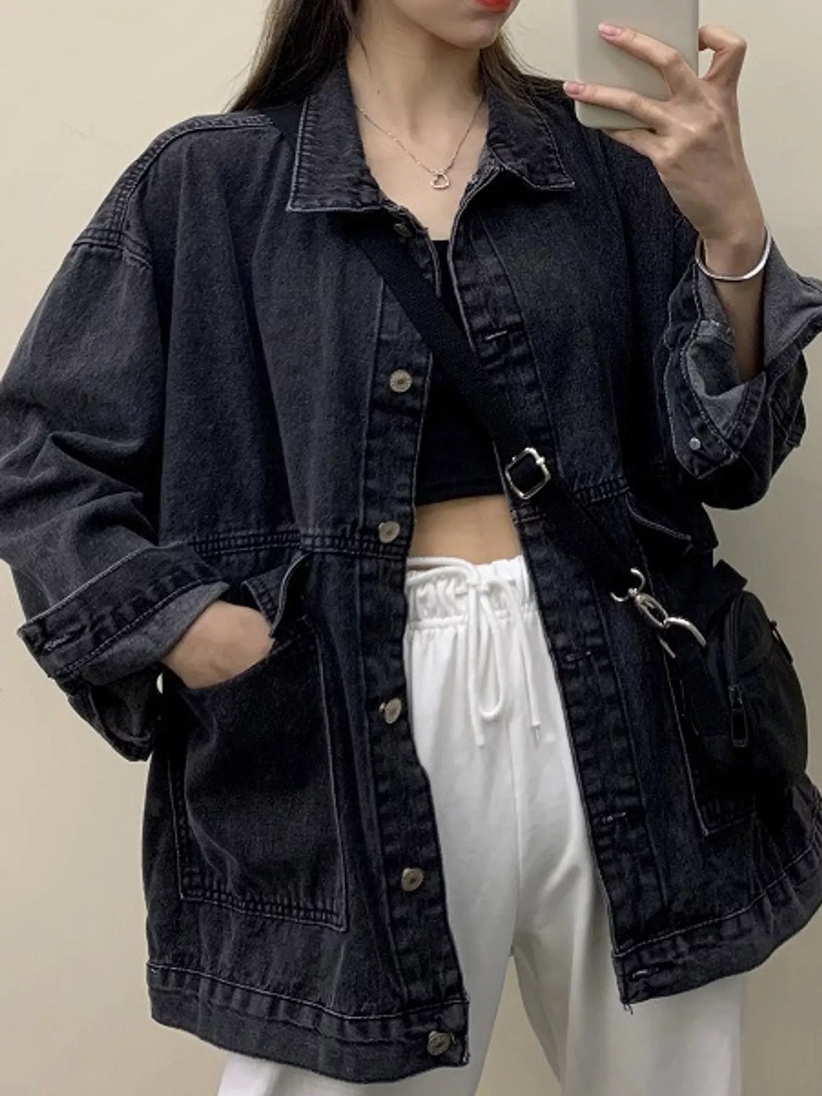 Oversized Wash Denim Jacket with Utility Pockets