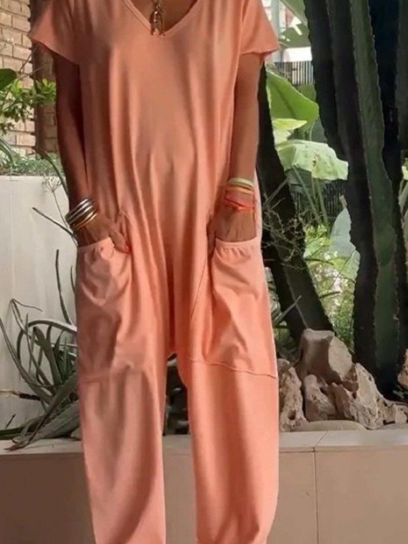 Full Size Loose Fit V-Neck Short Sleeve Wide Leg Jumpsuit Plus Size