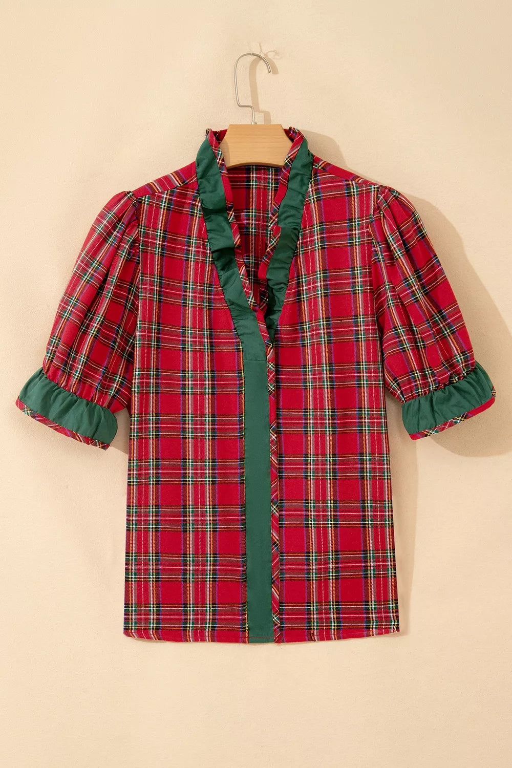 Plaid V Neck Ruffle Color Block Trim Short Sleeve Shirt