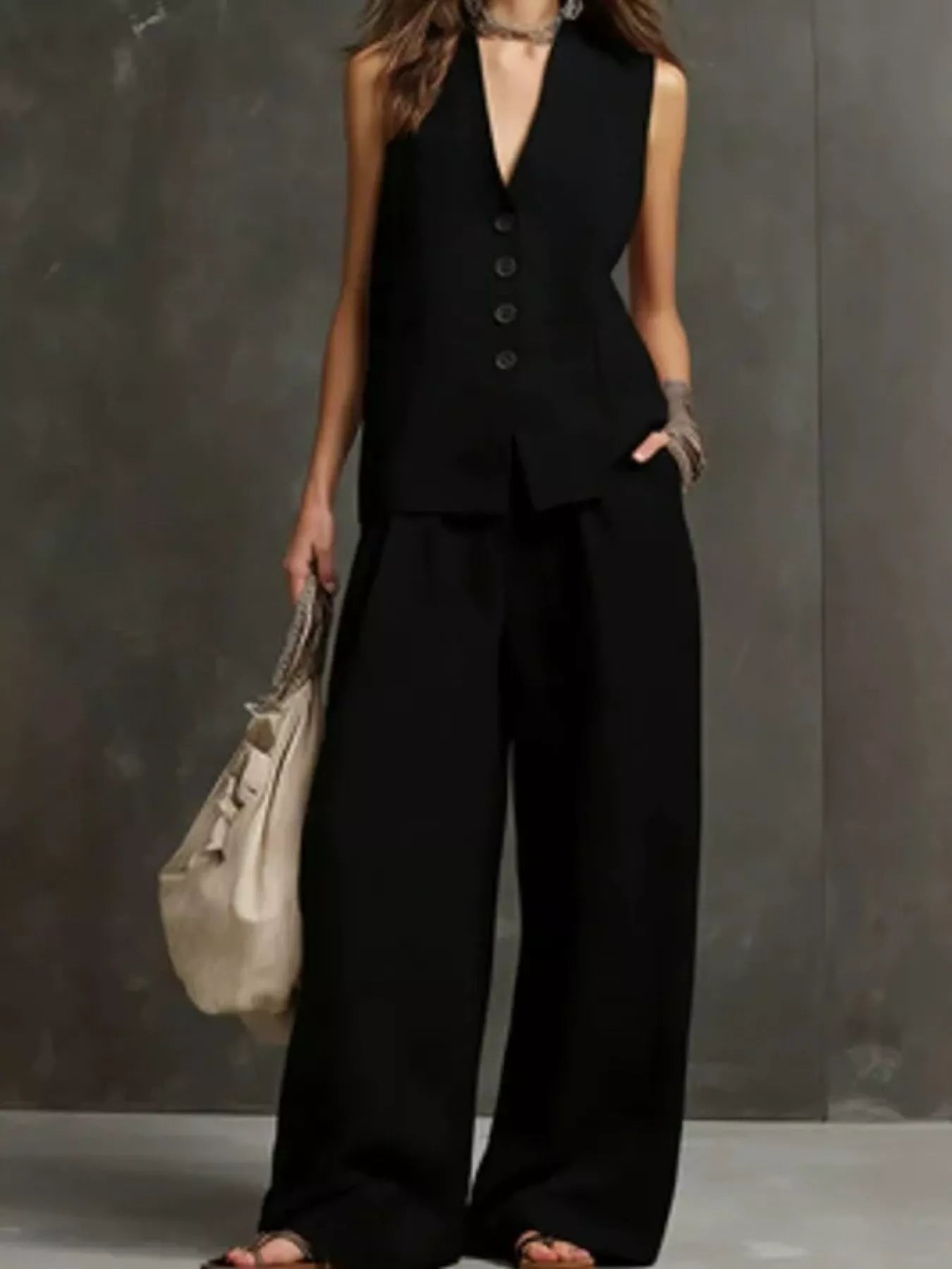 Sleeveless Vest and Wide-Leg Pants Set