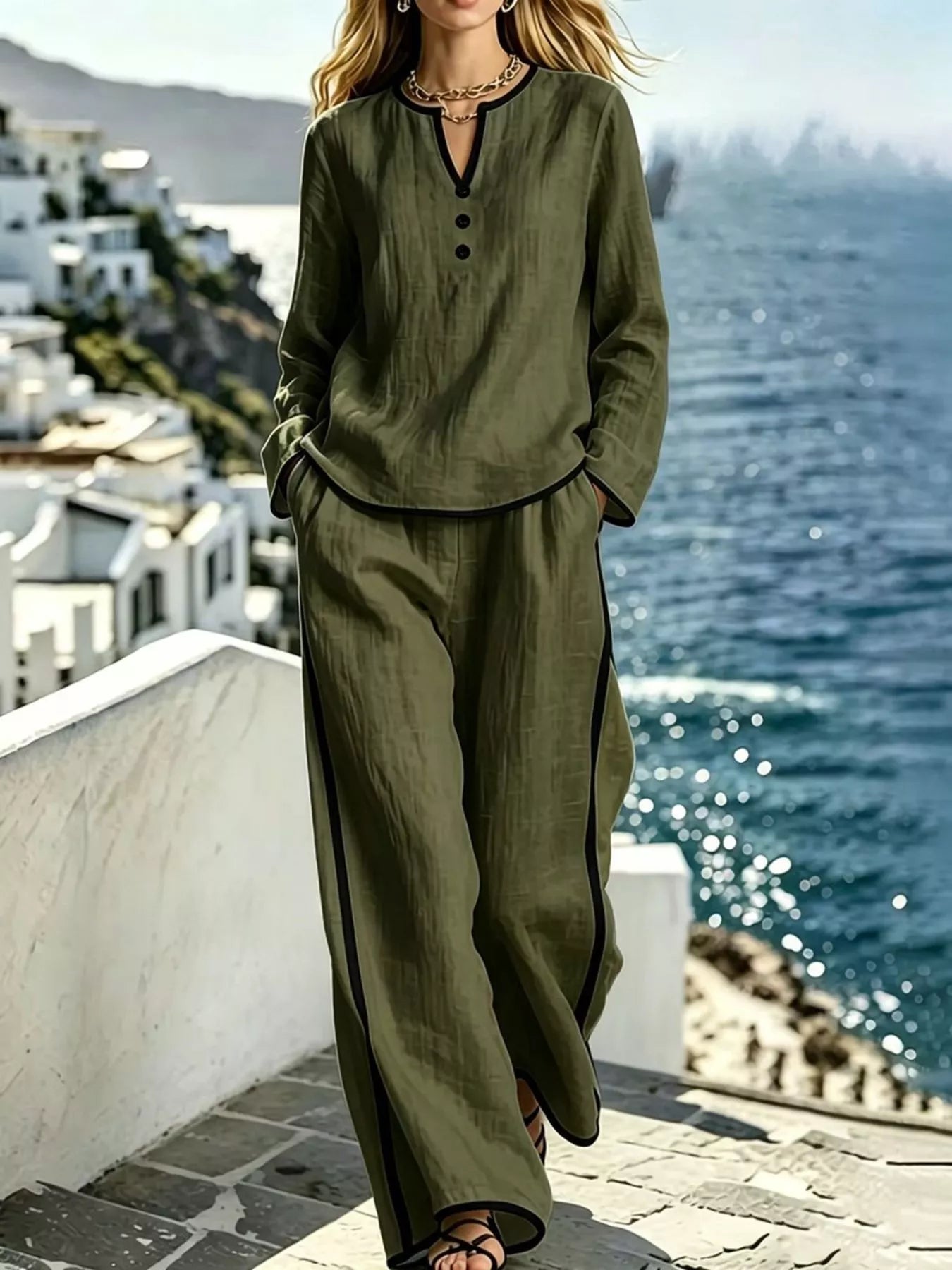 Contrast Trim Long Sleeve Top and Pants Set
