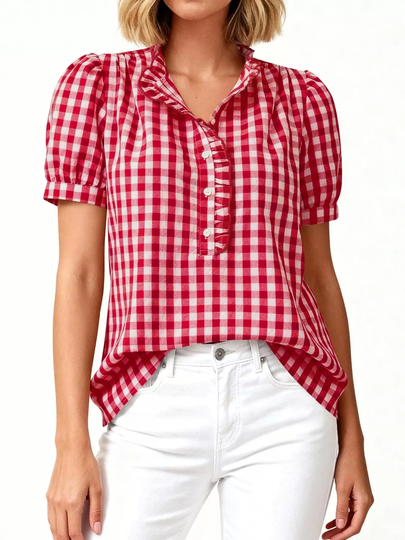 Gingham Button Front Puff Sleeve Blouse