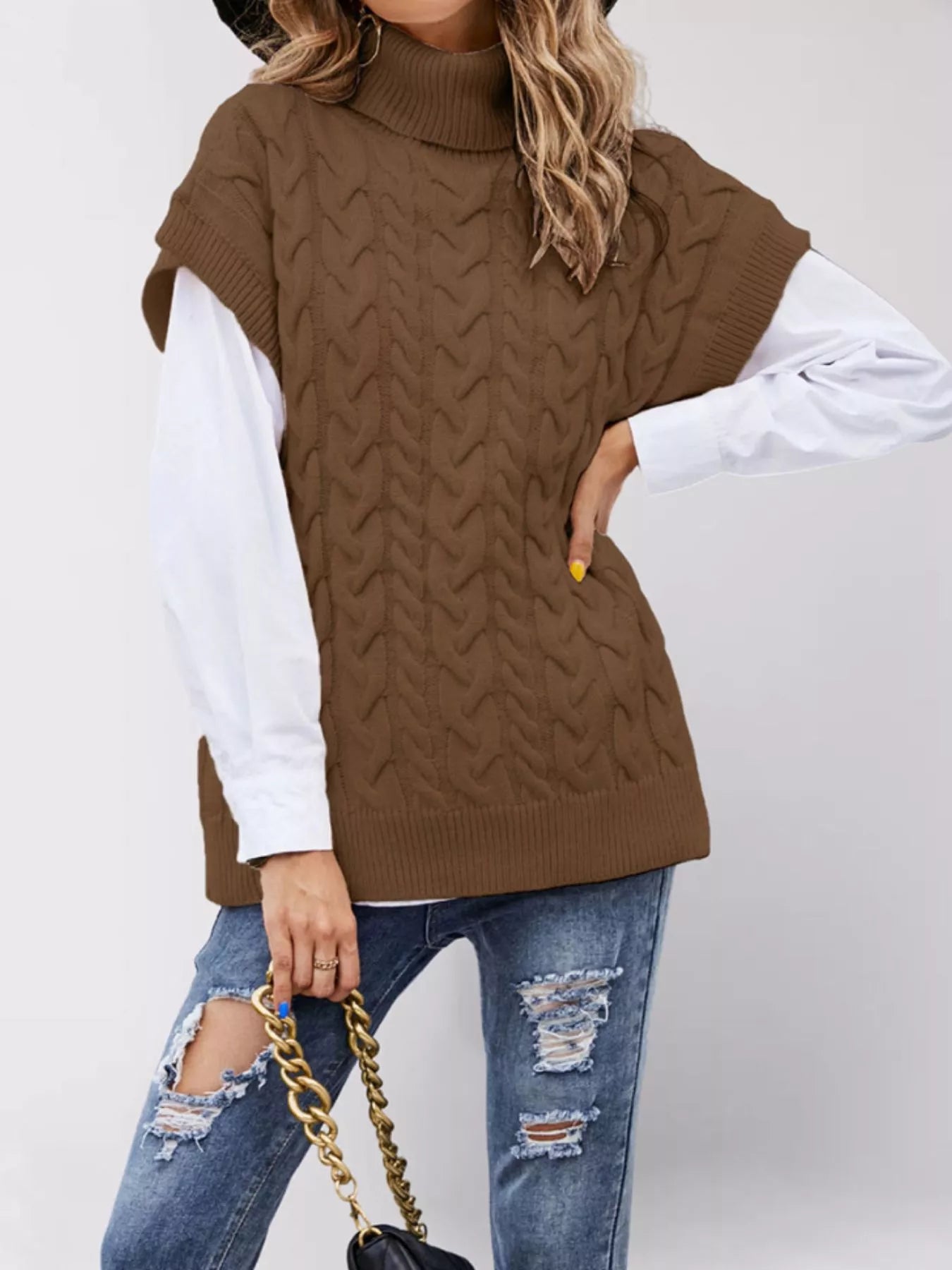 Chunky Knit Turtleneck Cap Sleeve Sweater