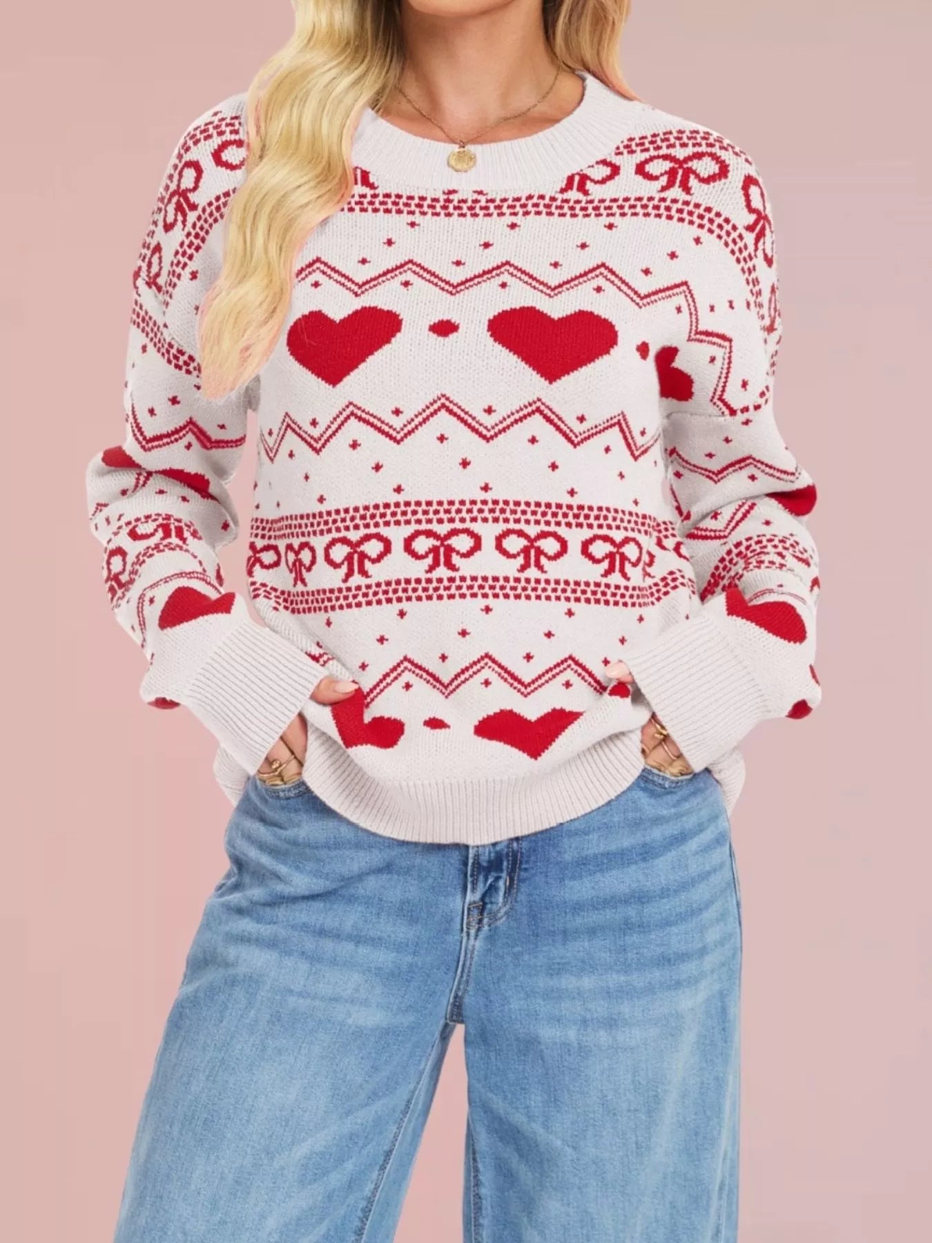 Heart Pattern Dropped Shoulder Sweater