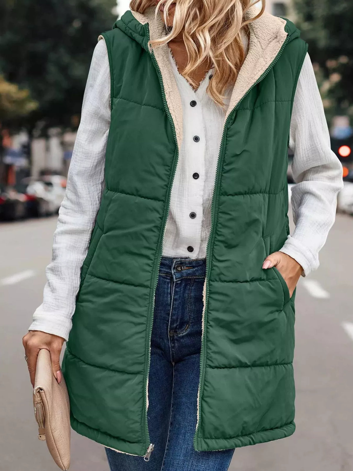 Full Size Hooded Sherpa-Lined Puffer Vest Coat Plus Size