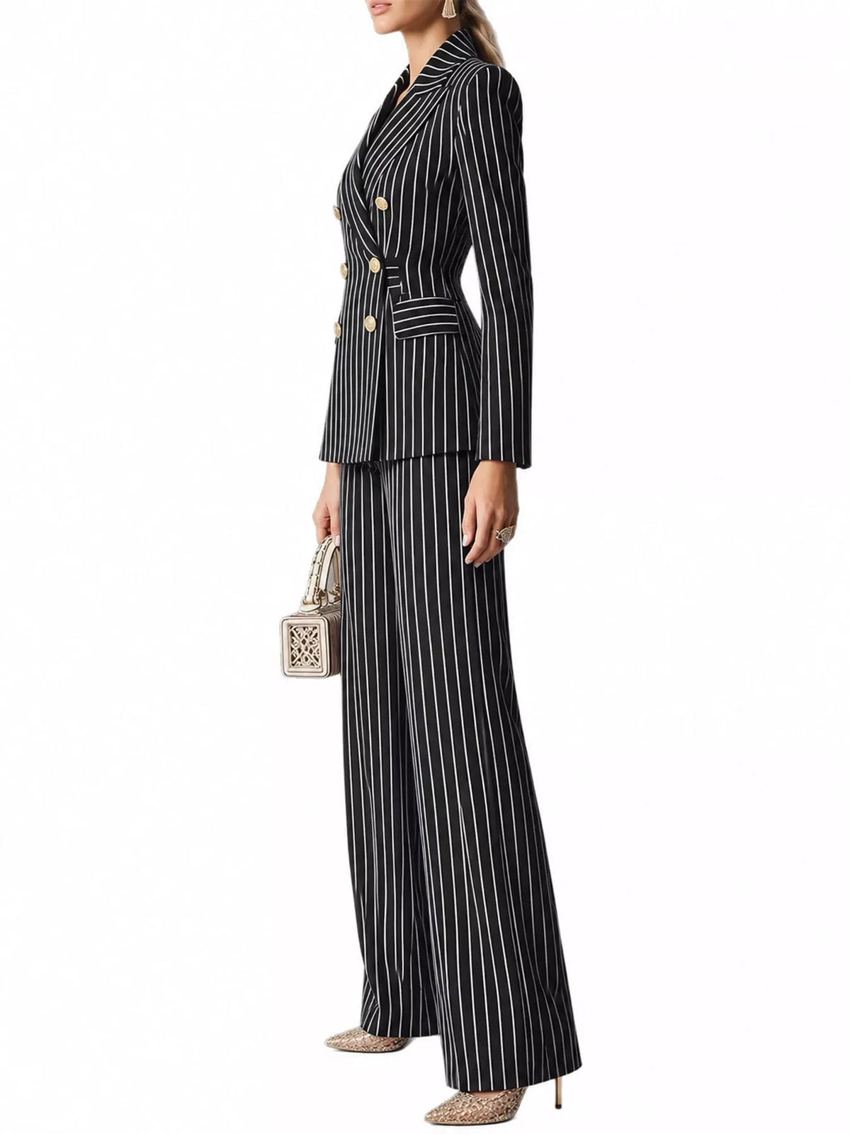 Double-Breasted Pinstripe Blazer and Wide-Leg Pants Set