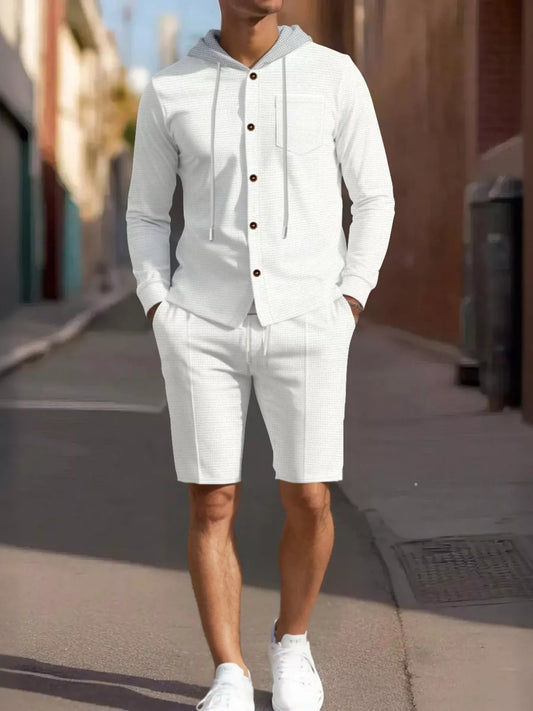 Men's Full Size Casual Hooded Button-Up Top and Shorts Set Plus Size