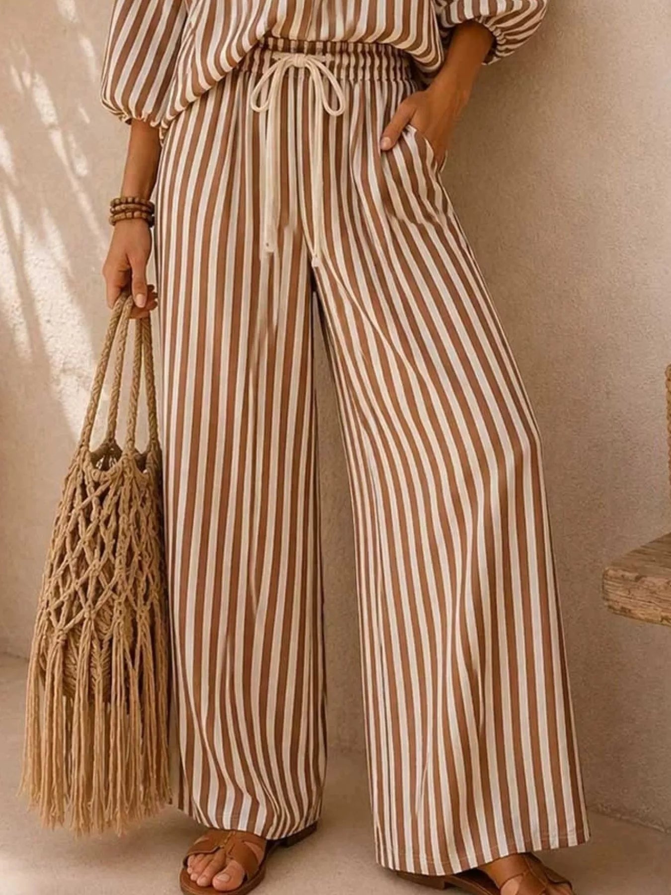 Full Size Striped Puff Sleeve Shirt and Wide-Leg Drawstring Pants Set Plus Size