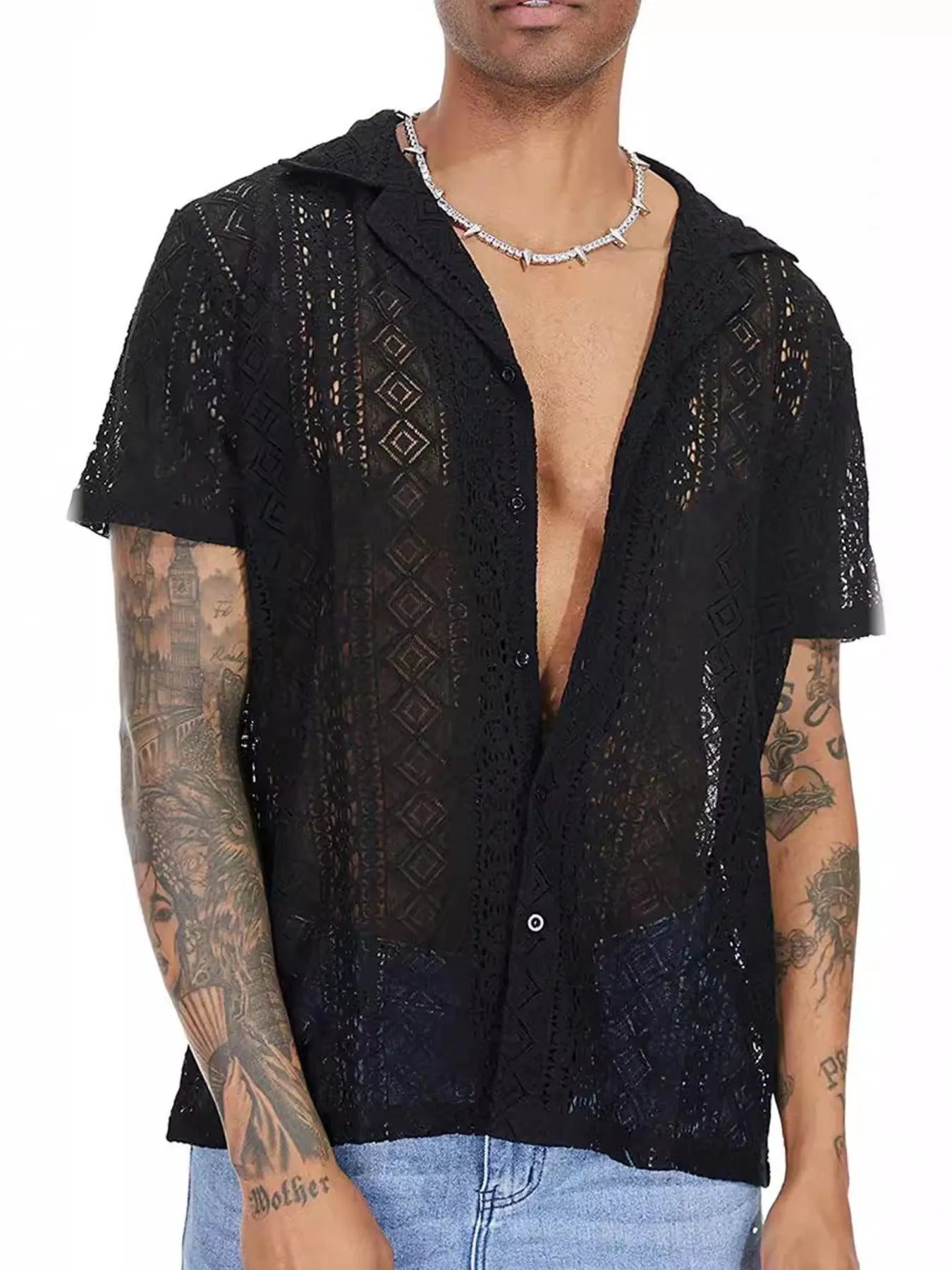 Men's Full Size Lace Button Up Short Sleeve Shirt Plus Size