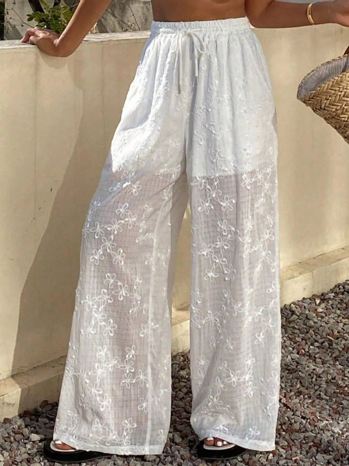 High-Waisted Sheer Floral Embroidered Wide-Leg Pants