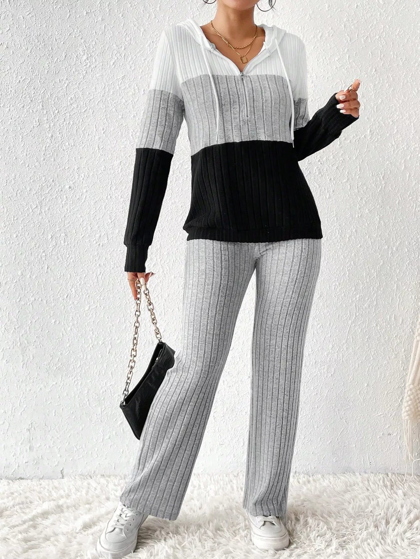Color Block Half Zip Hooded Top and Pants Set