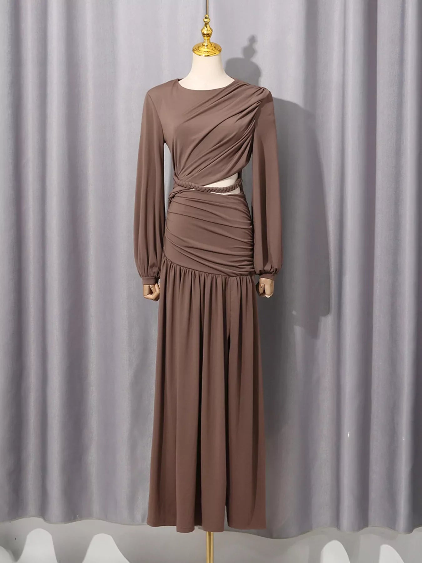Ruched Long-Sleeve Maxi Dress with Cutout Detail