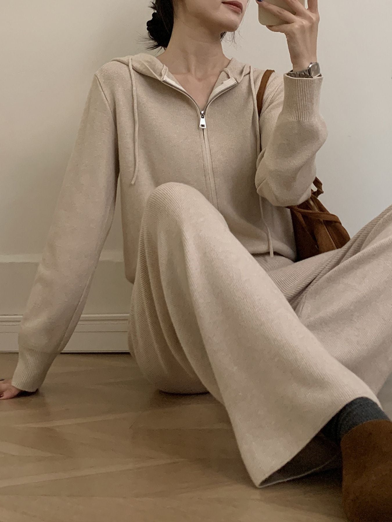 Zip Up Cardigan and Drawstring Wide Leg Pants Knit Set