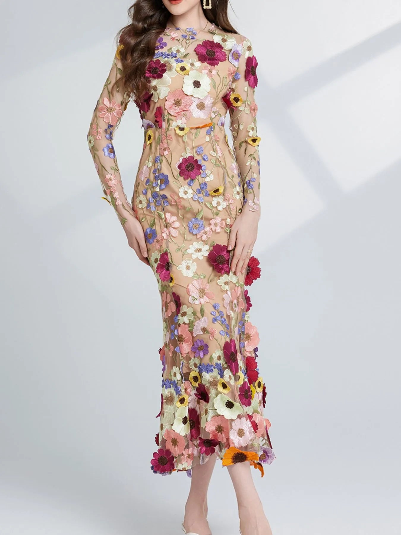 Floral Embroidered Mesh Long Sleeve Midi Dress