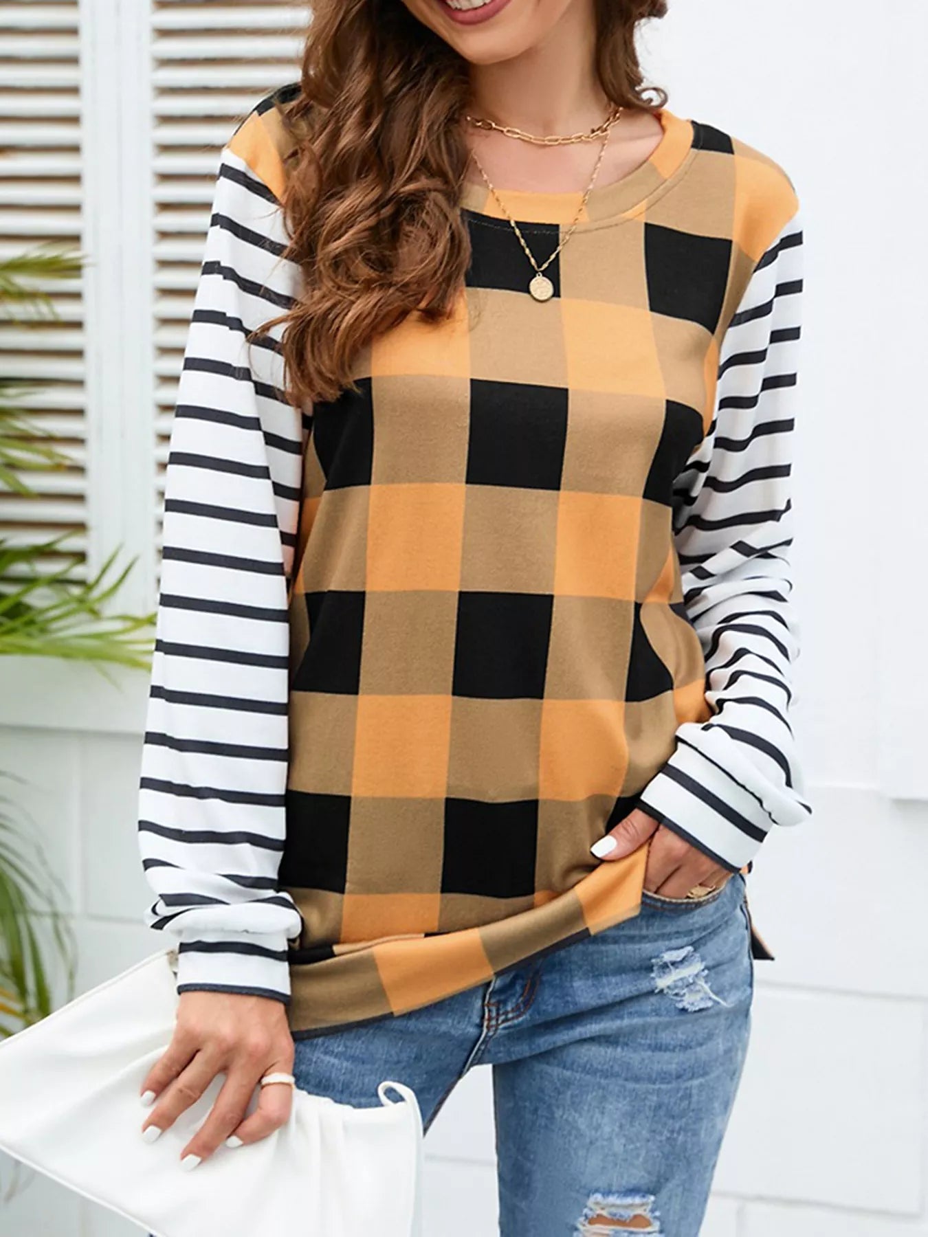 Plaid and Stripe Contrast Long Sleeve T-Shirt