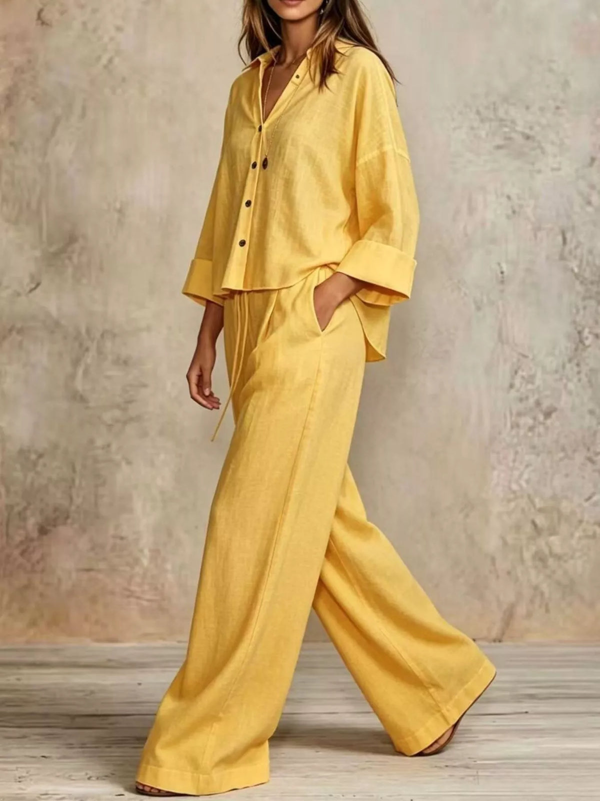 Full Size Button-Down Shirt and Wide-Leg Pants Set Plus Size
