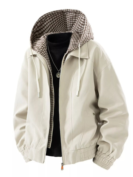Men's Plus Size Casual Plaid Hooded Windbreaker Jacket