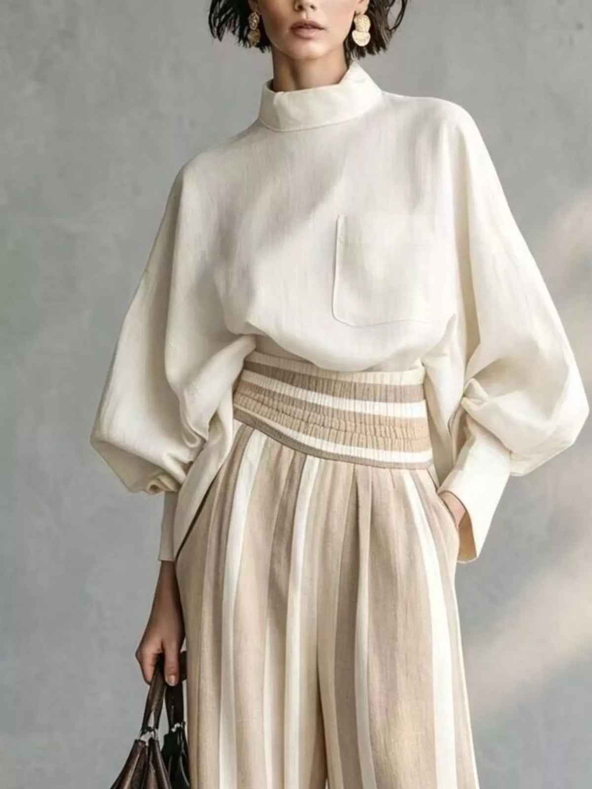 Full Size Mock Neck Top and Striped Wide-Leg Pants Set Plus Size