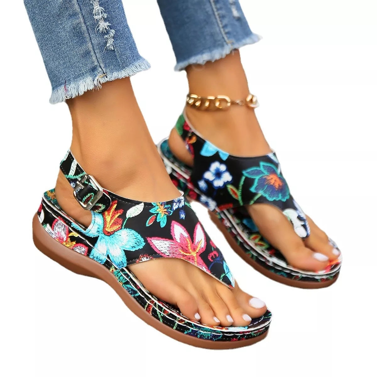 Floral Thong Wedge Sandals