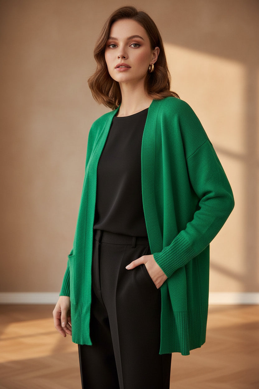 Longline Open-Front Cardigan | Oversized Knit with Patch Pockets