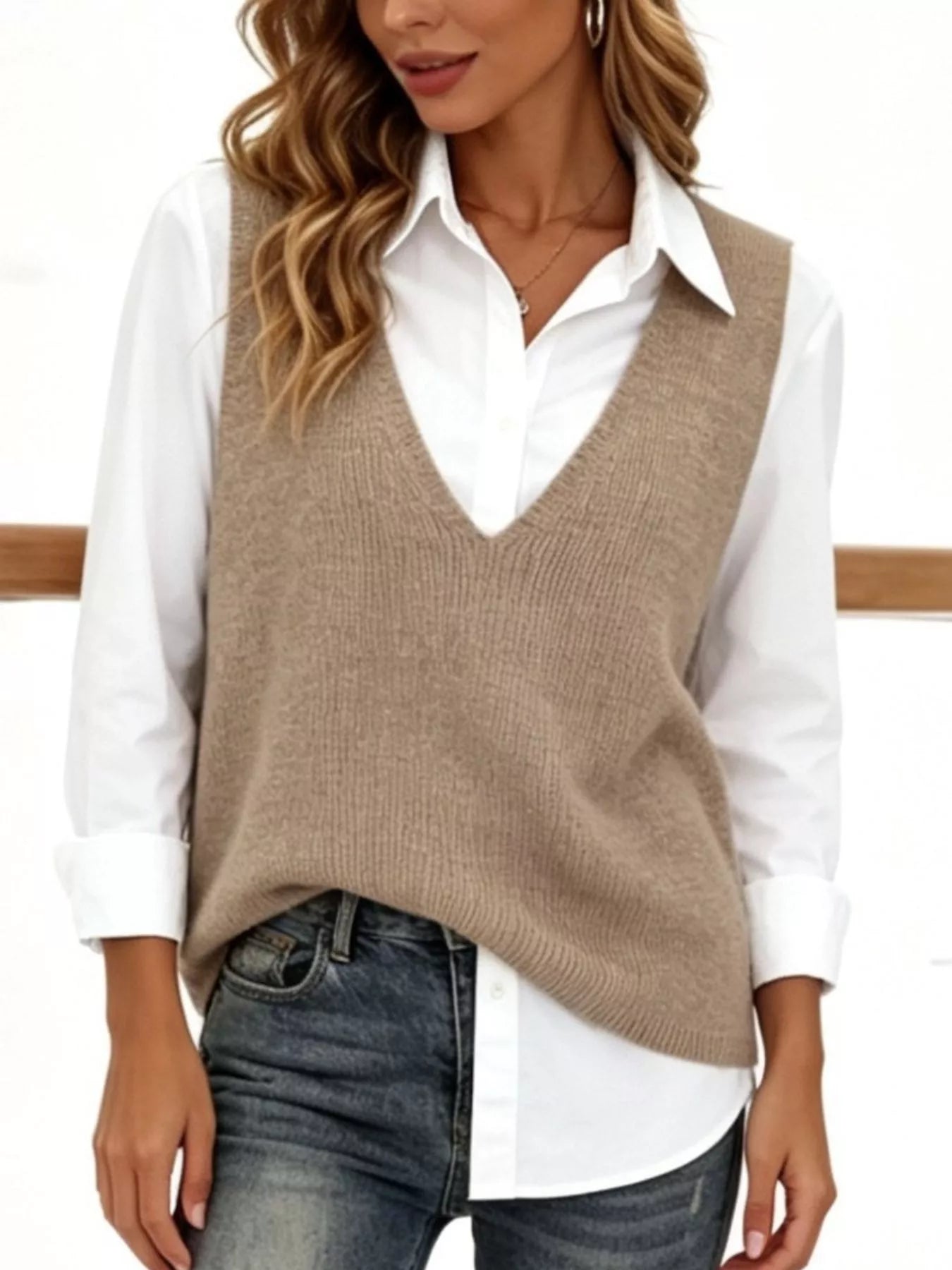 Full Size Chic V-Neck Sleeveless Knit Sweater Vest Plus Size