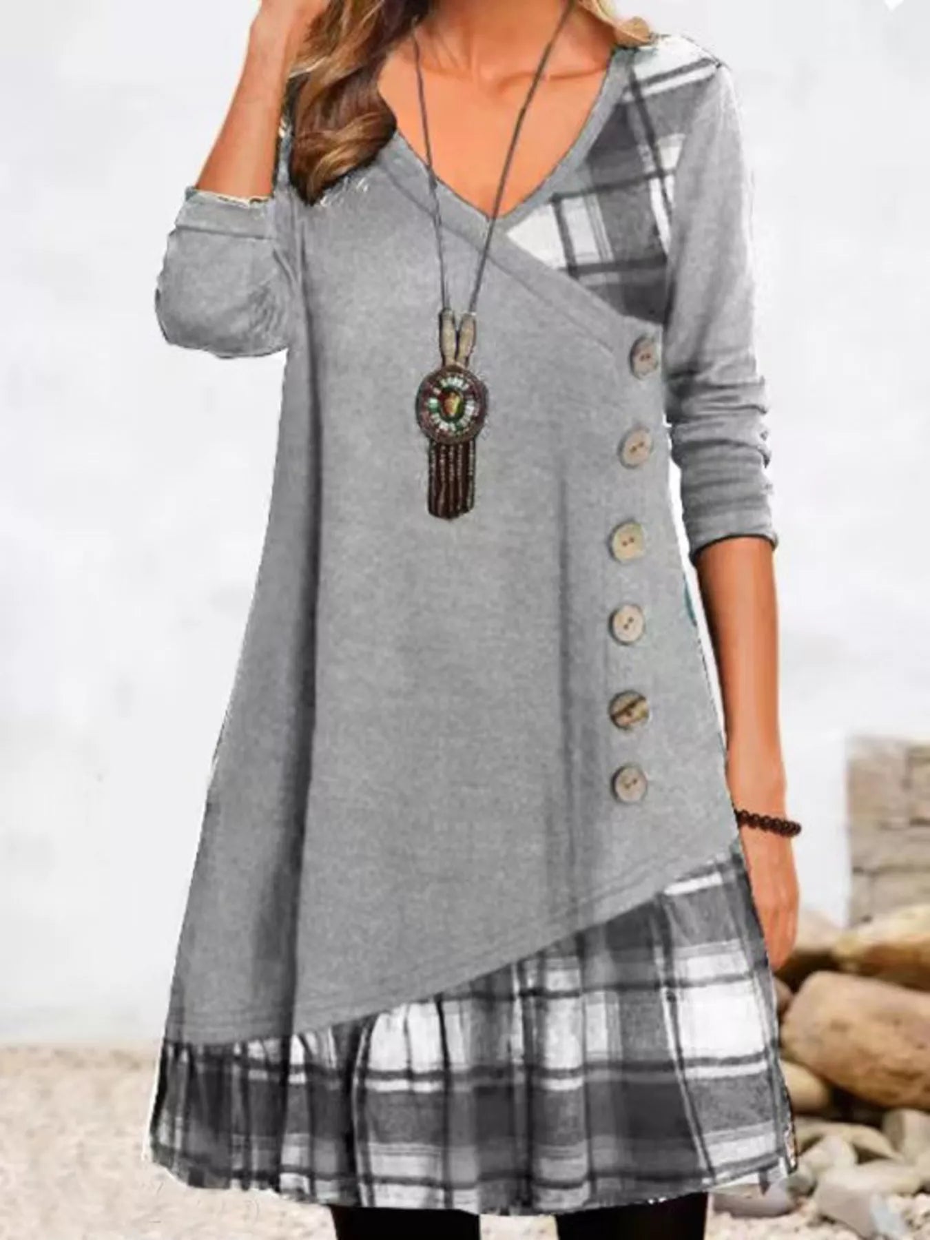 Full Size Asymmetrical Plaid Patchwork Long Sleeve Dress Plus Size