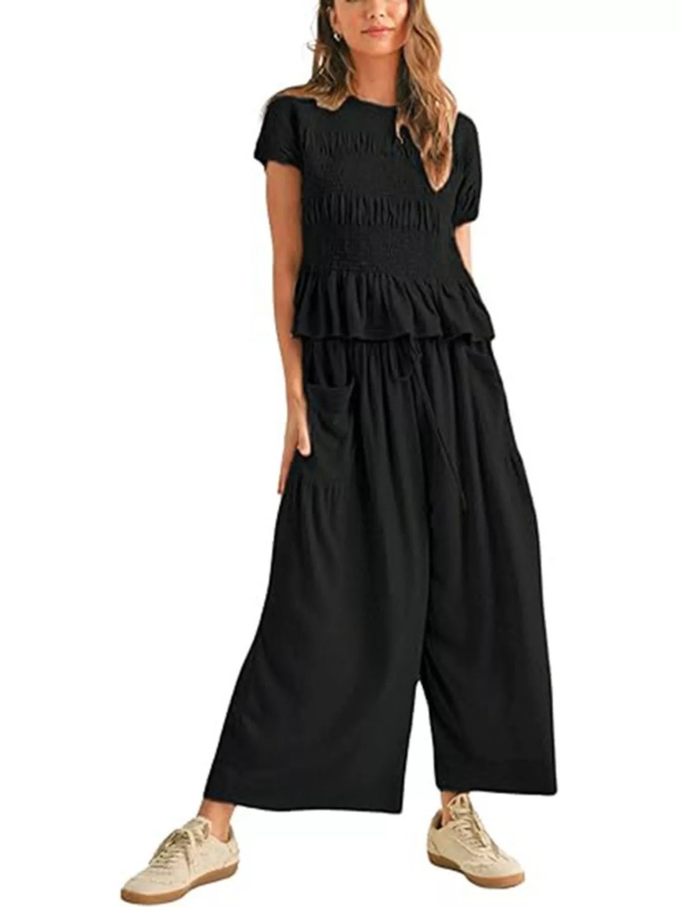 Smocked Peplum Top and Wide-Leg Pants Set