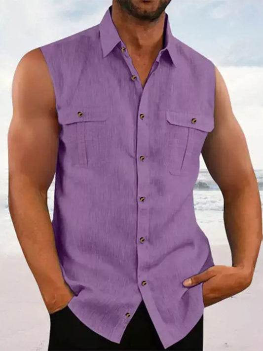 Men's Full Size Sleeveless Button-Up Shirt with Chest Pockets Plus Size