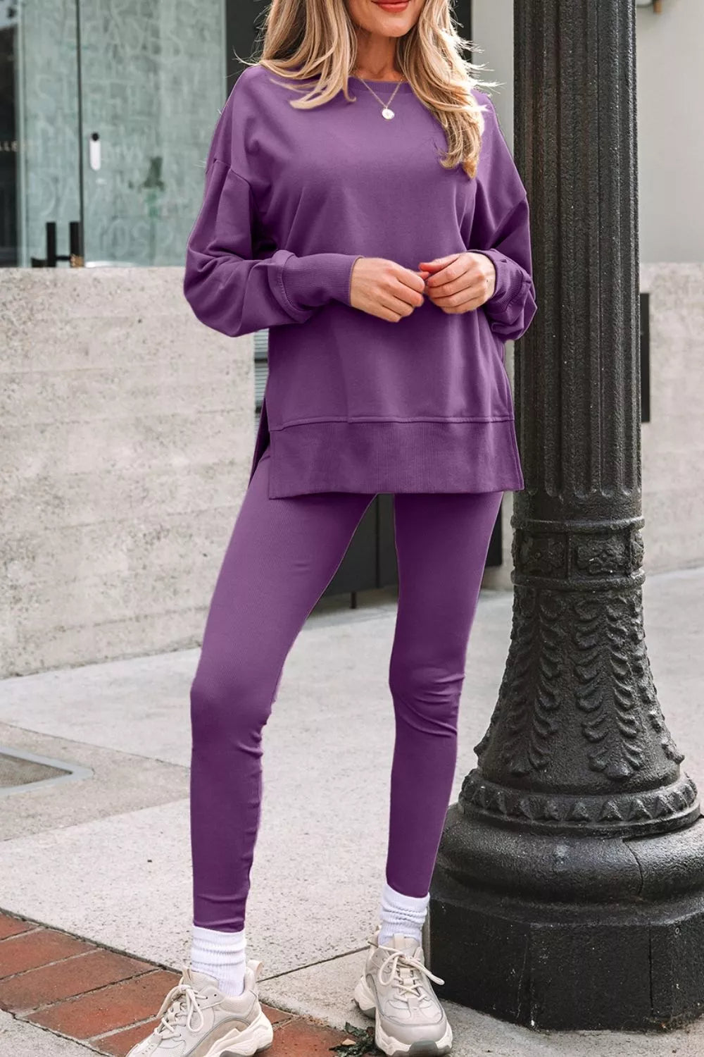Side Slit Long Sleeve Sweatshirt and Pants Set