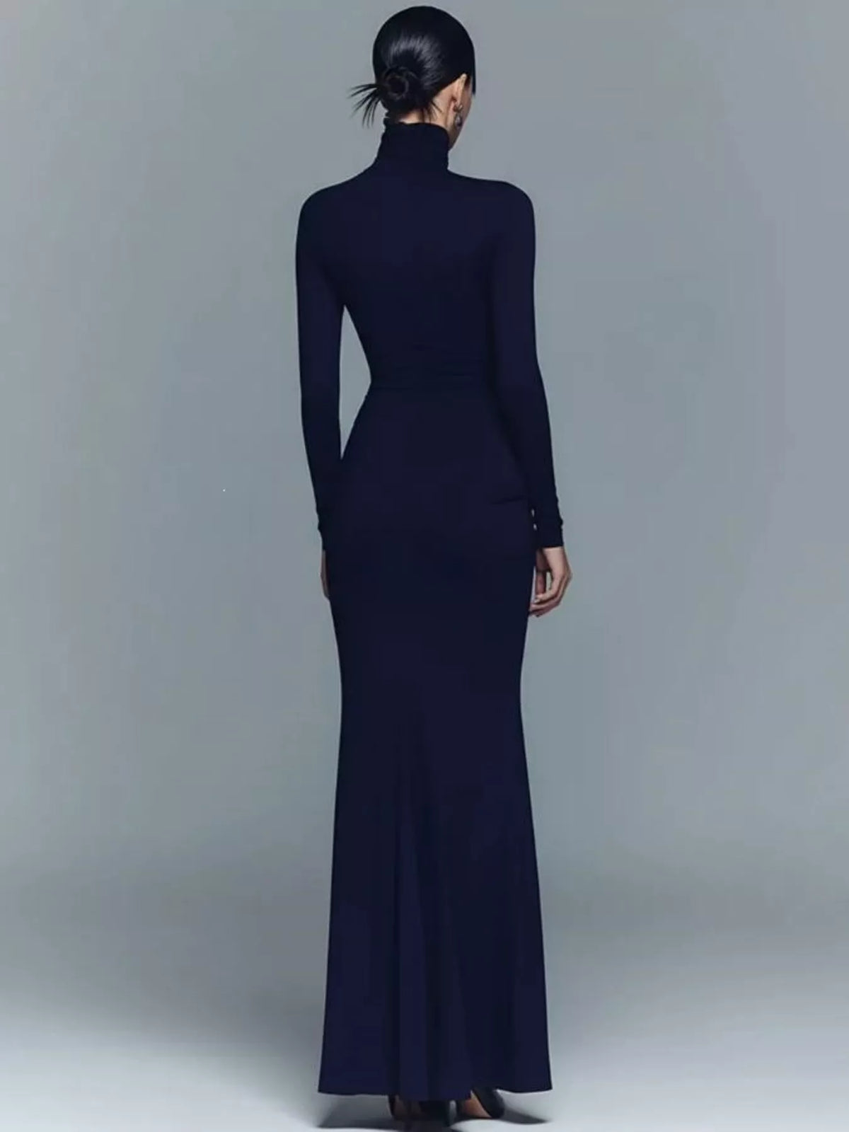 Turtleneck Long-Sleeve Ruched Maxi Dress