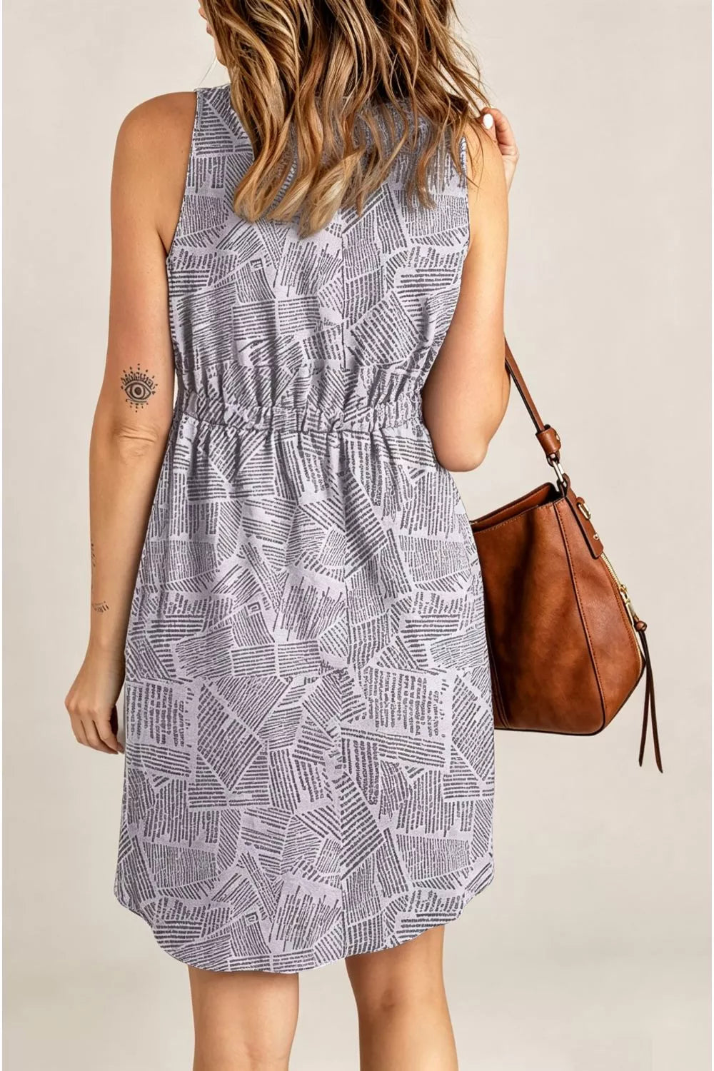 Double Take Printed Sleeveless Front Button Ruched Waist Side Slit Casual Magic Dress with Pockets