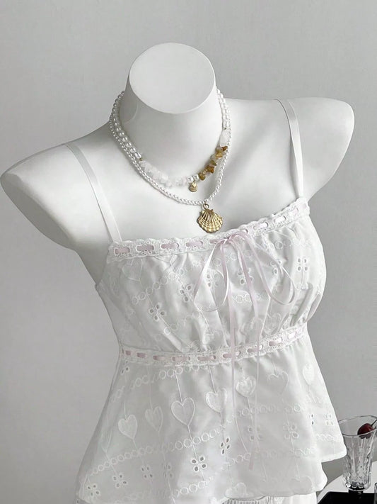 Lace Detail Eyelet Cami and Shorts Set