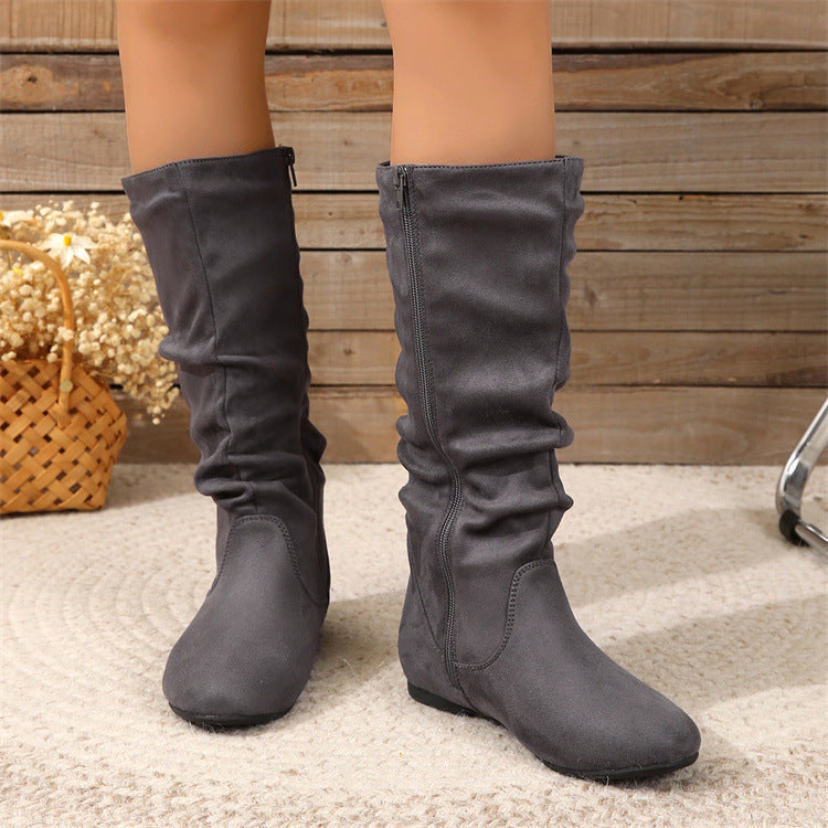 Women's Mid-Calf Leather Boots – Flat Heel Side Zip