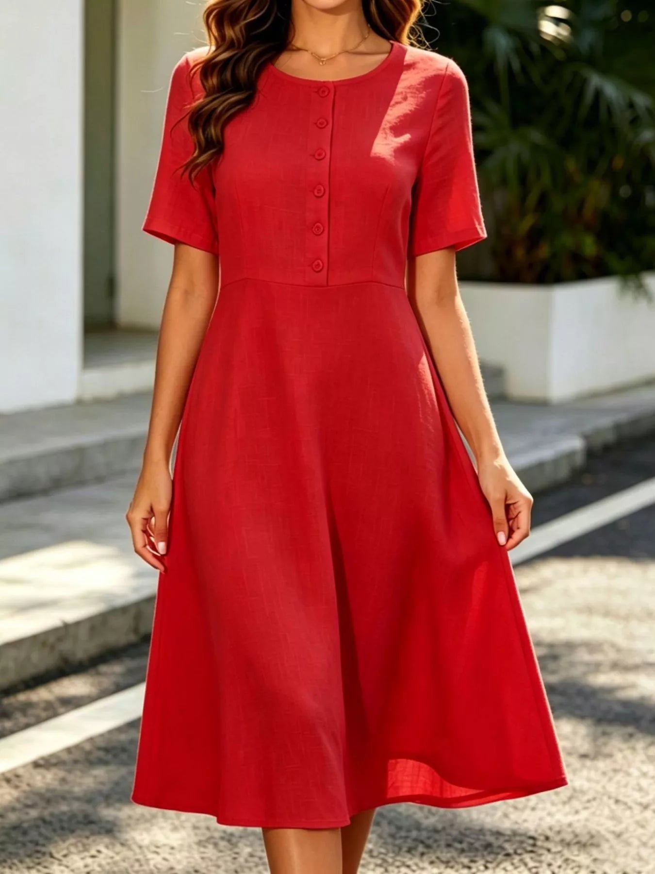 Button Detail A-Line Midi Dress