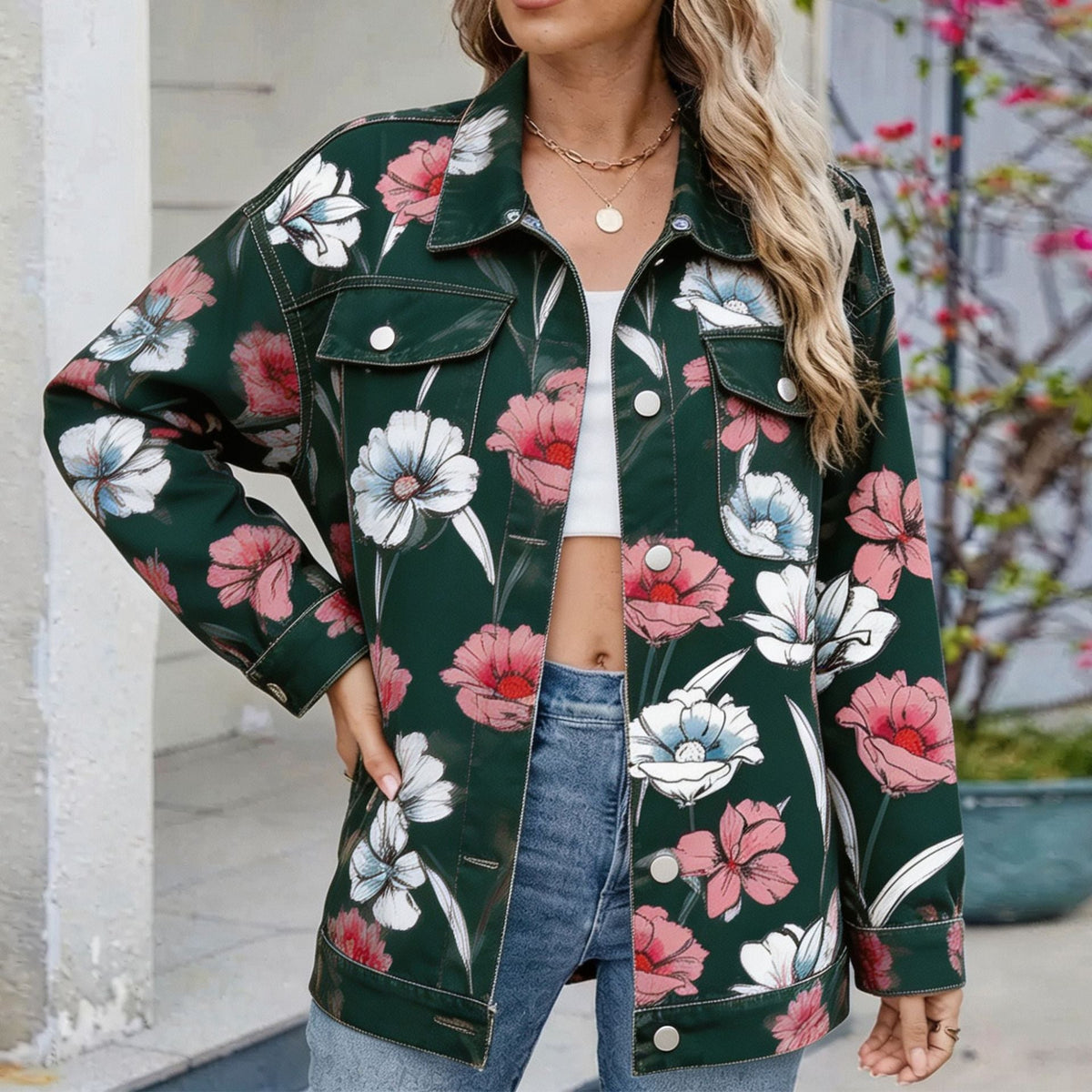 Women's Botanical Print Drop-Shoulder Denim Jacket