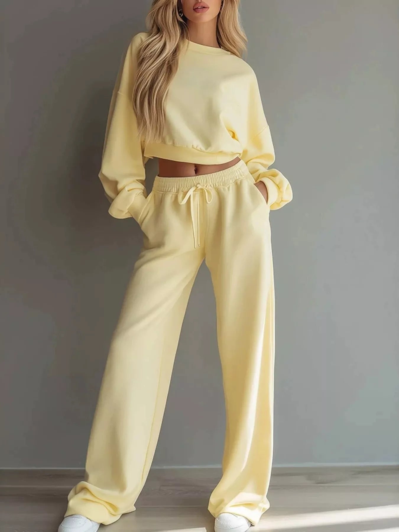 Round Neck Cropped Sweatshirt and Wide-Leg Pants Set