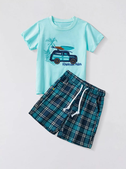 Children's Car Graphic Short Sleeve Tee and Plaid Shorts Set
