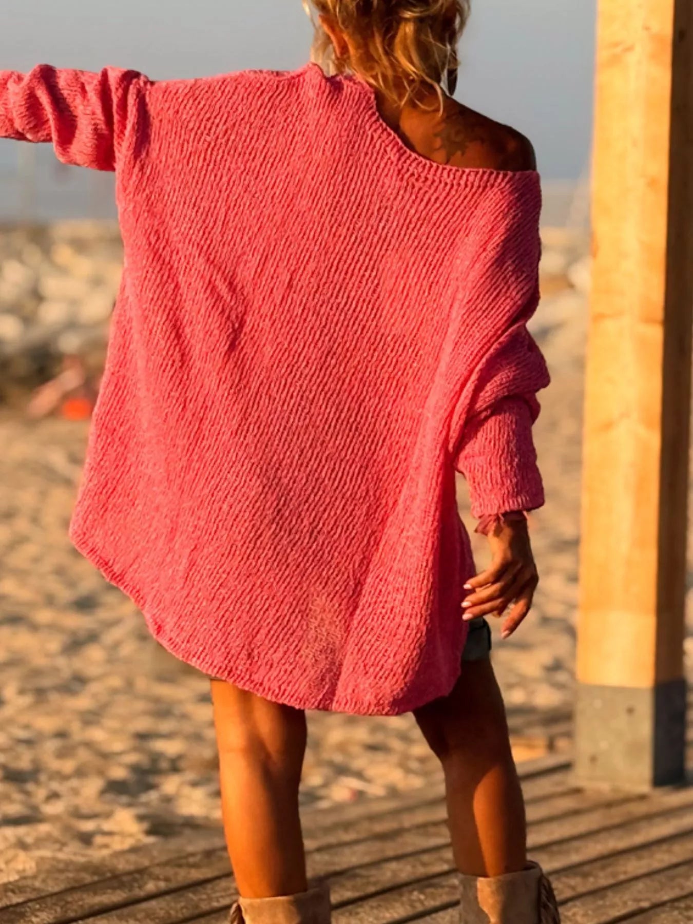 Heart V-Neck Dropped Shoulder Sweater
