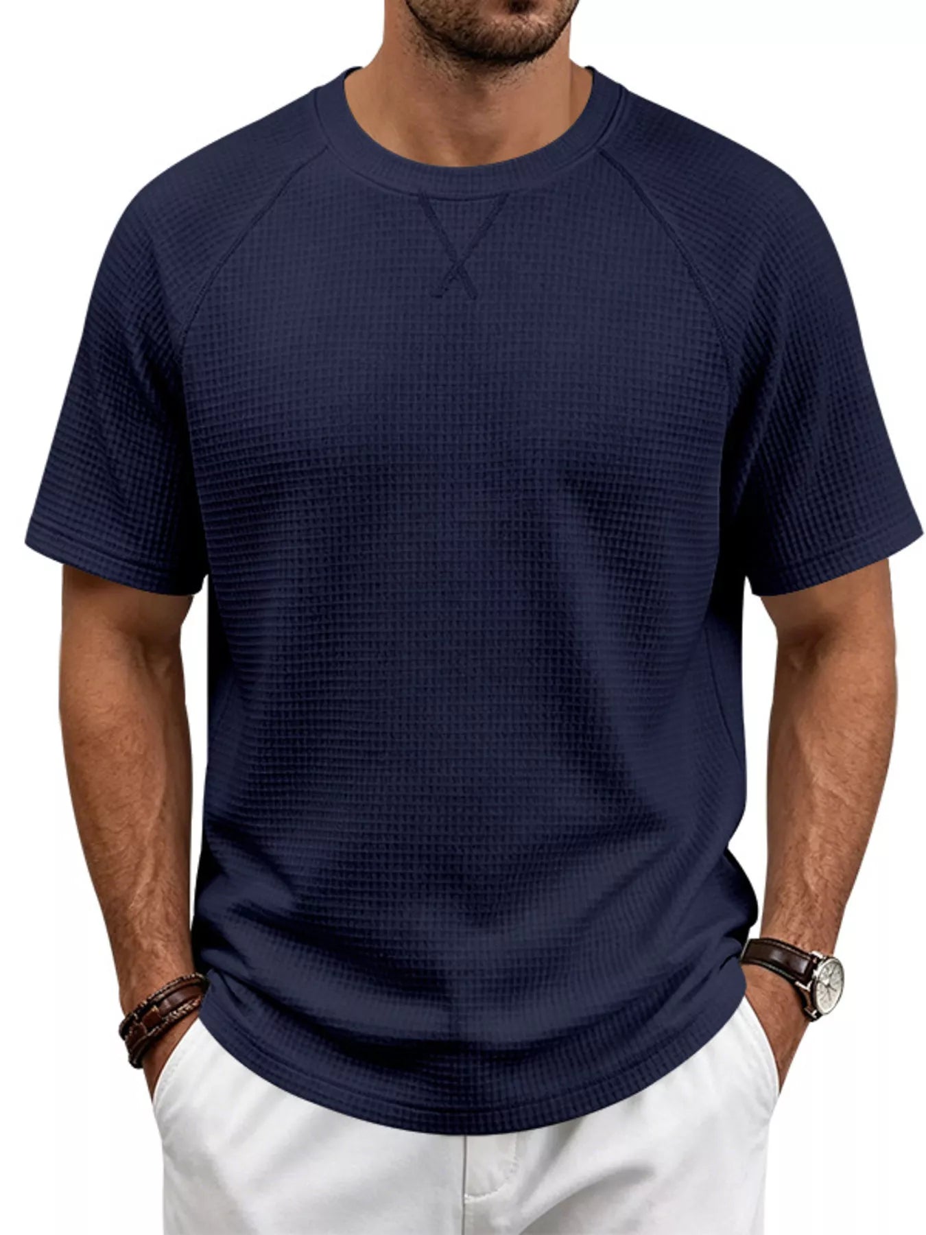 Men's Full Size Waffle Knit Raglan Short Sleeve T-Shirt Plus Size