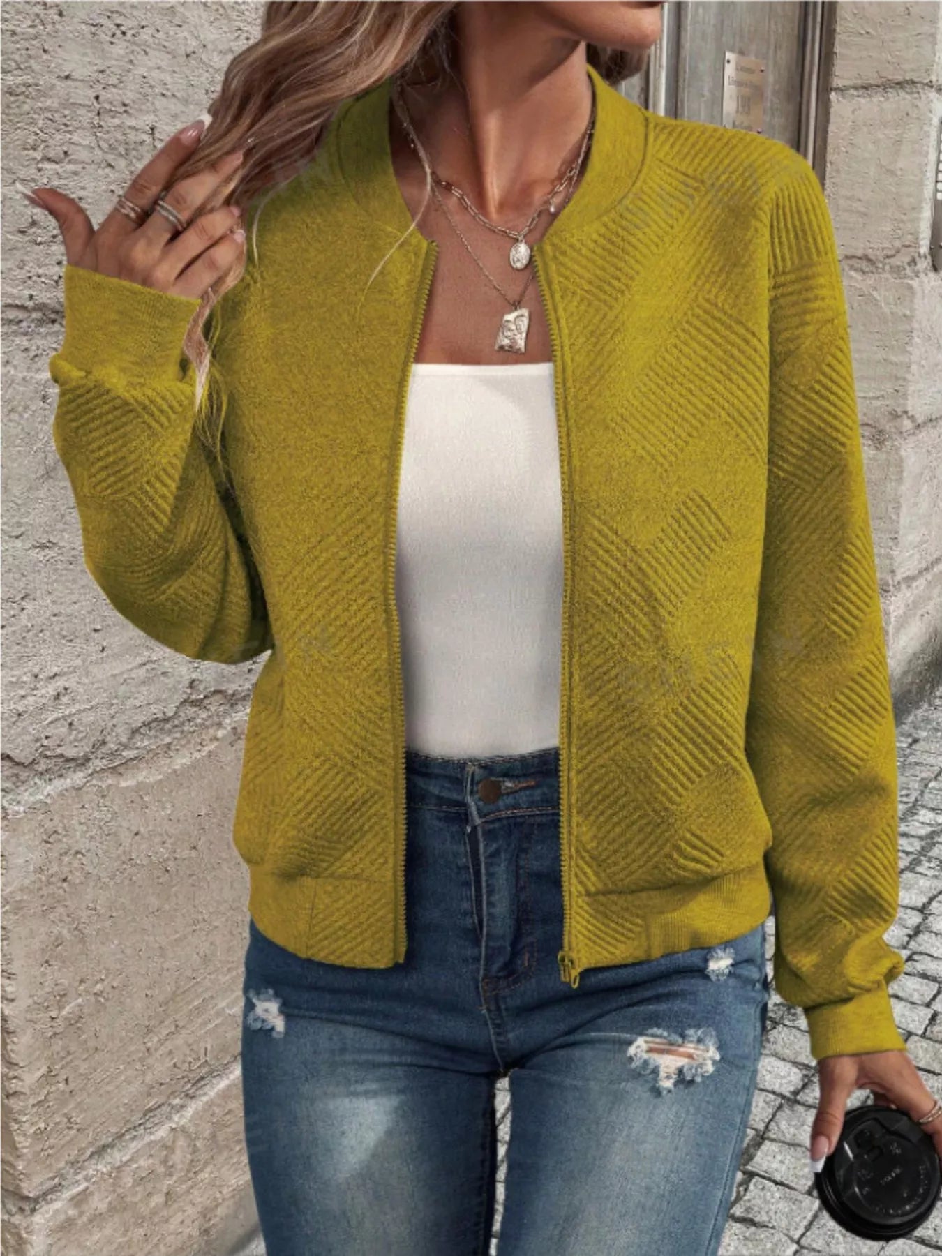 Textured Knit Zip-Up Bomber Jacket