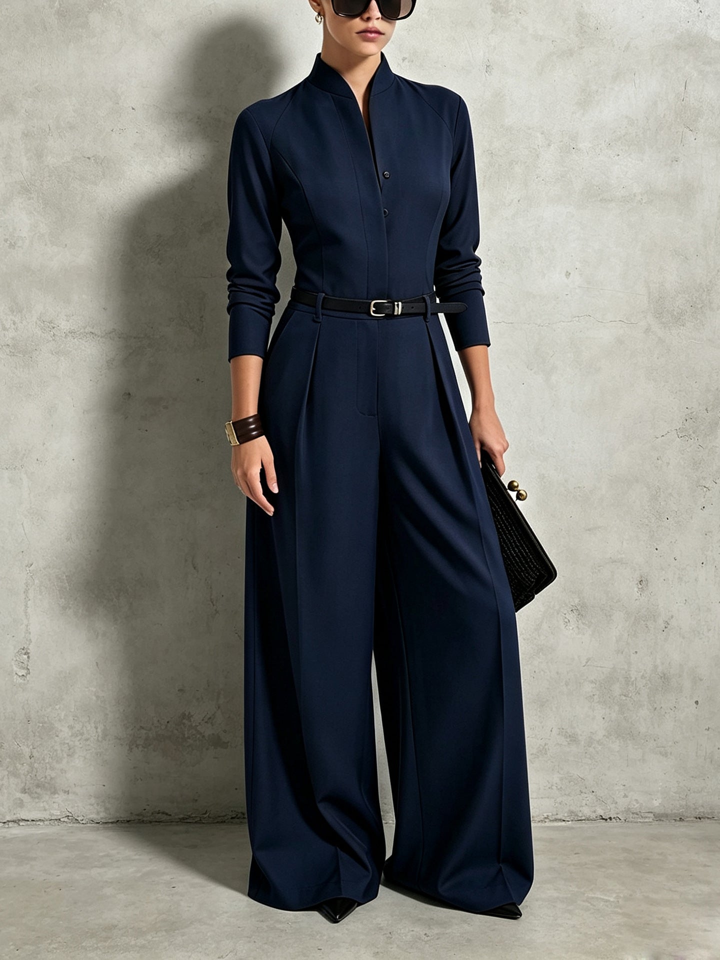Women's Stand-Collar Long-Sleeve Wide-Leg Jumpsuit